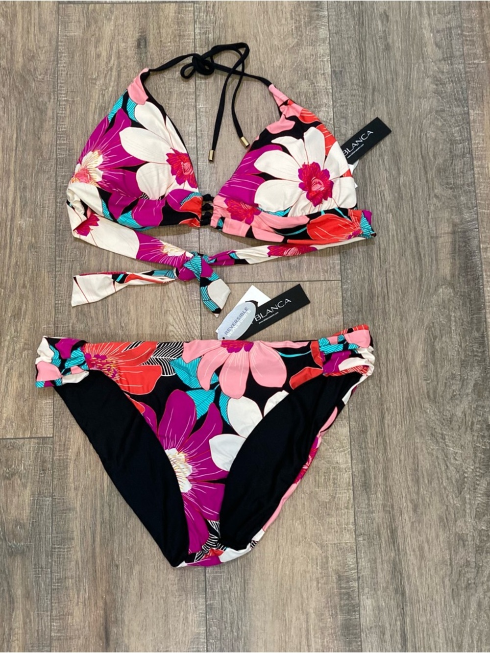 La Blanca 2pc. Bikini Swimsuit Reversible Sz 16 In Full Bloom Floral/Black NEW